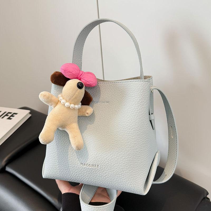 Korean new niche ins style simple lychee pattern texture portable bucket bag versatile casual foreign style messenger bag