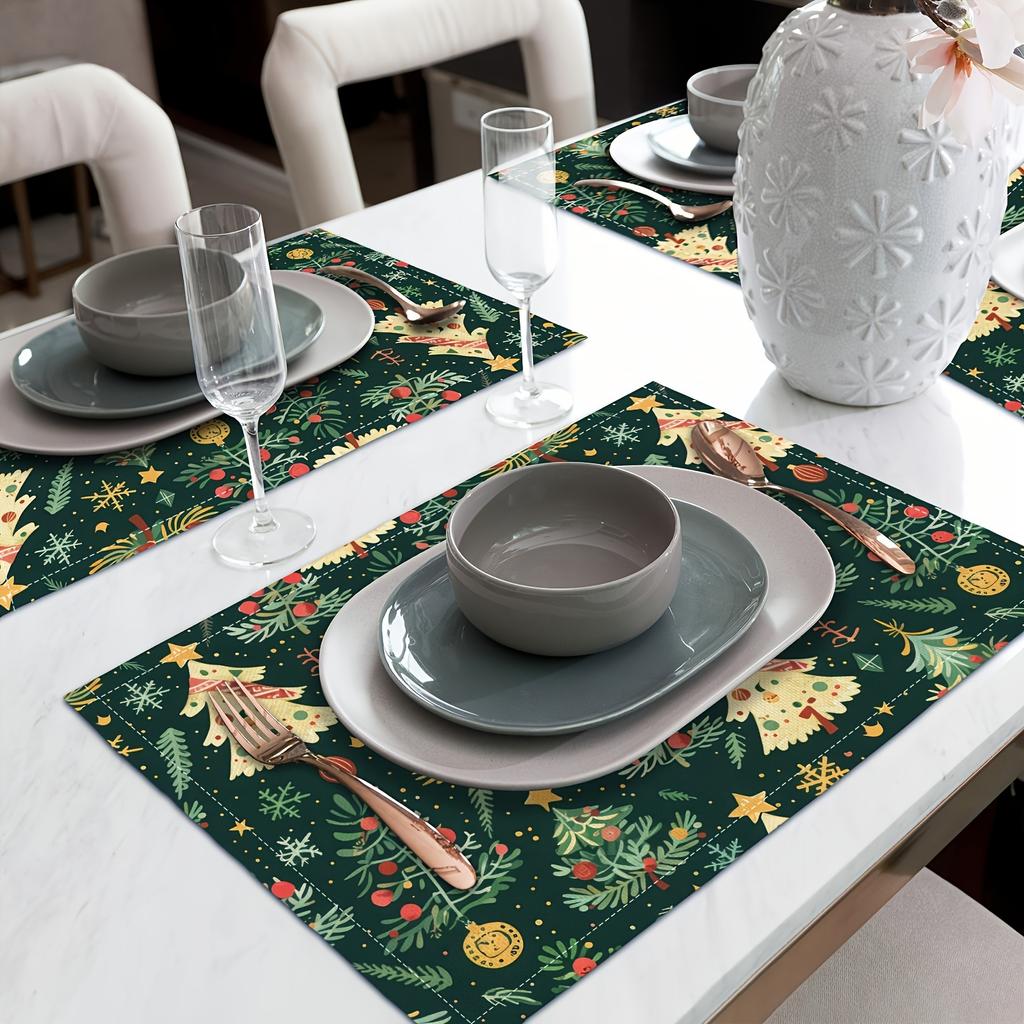 4-Pack Christmas Placemats 12x18 Inches, Festive Green Christmas Tree Print, Linen Table Mats for Holiday Dining and Kitchen Decor, Rectangular Woven