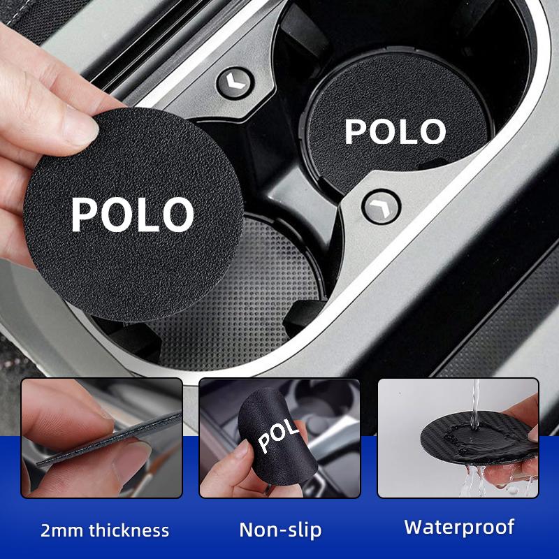 RFKNG1 2Pcs Car Leather/Carbon Fiber Water Cup Coasters Anti-Slip Pads For VW Polo Scirocco Jetta Beetle Passat Tiguan Sharan Touran