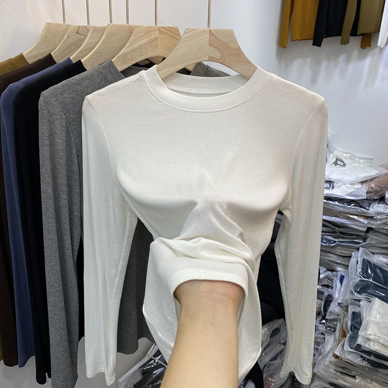 Lady Basic O-Neck Slim T-Shirt Women Solid Multi Color All-Match Trend Casual Top Screw Thread Long Sleeve Elastic