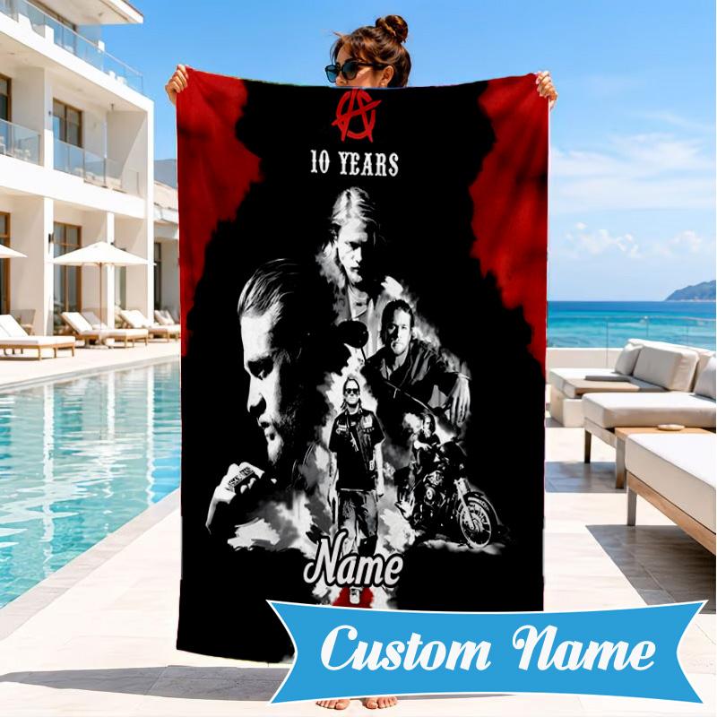 Custom Name Group Portrait Sons Heart In Space Adventure Microfiber Beach Towel, Lightweight for Summer Travel, Swimming Pool Fan Gift