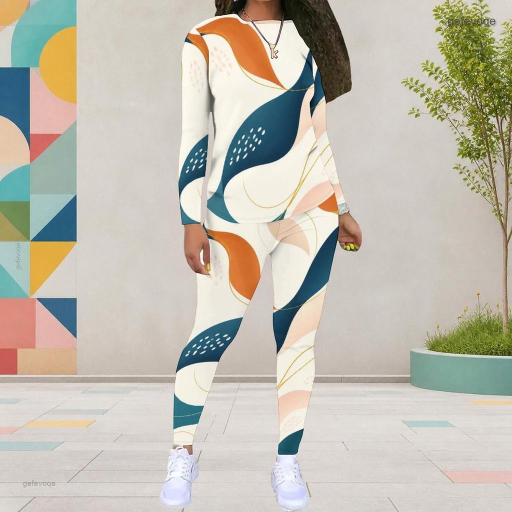 Women Plus Size Printed Round Neck Long Sleeve Top And Fitted Pants Two Piece Set