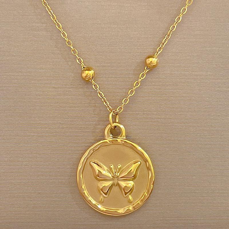 Titanium Steel Round Butterfly Minimalist Furnace Real Gold Necklace Female Collarbone Chain Accessories