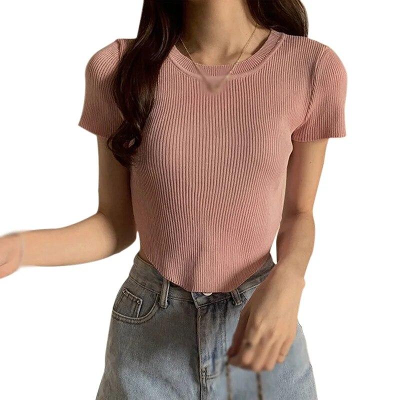 

Женская футболка с круглым вырезом, нерегулярная повседневная тонкая трикотажная футболка с короткими рукавами и открытым пупком, топ One Size