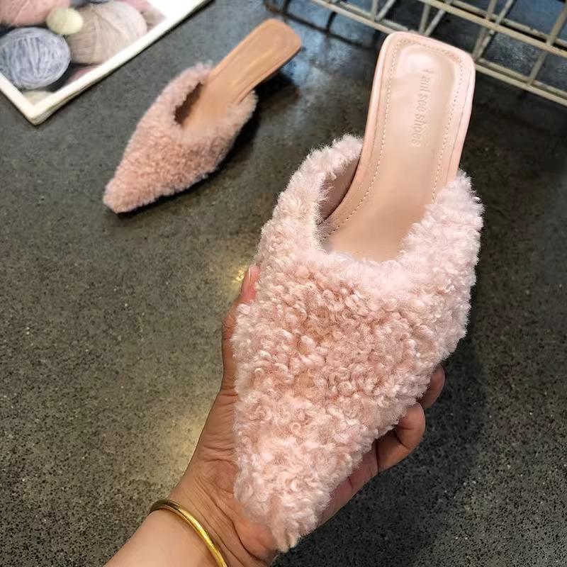 Fashion Slippers Casual Shoes Woman Pink Slides Shallow Butterfly-Knot Med Cover Toe Fur Flip Flops Pantofle Luxury Plush New Butte