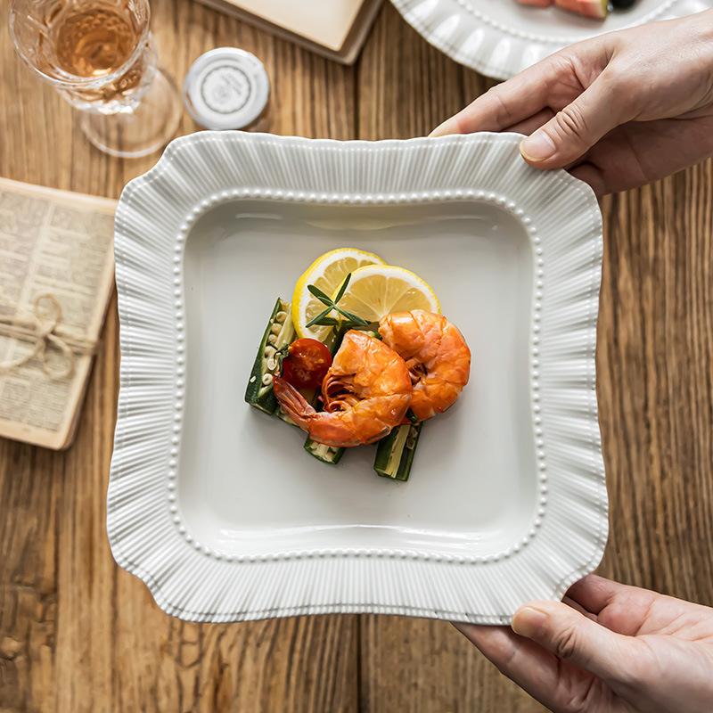 Delicate Lace Plate, Japanese Square Plate, Ceramic Plate, Solid Color Plate, Household Vegetable Plate, Dinner Plate, Salad Plate, Tableware Plate.