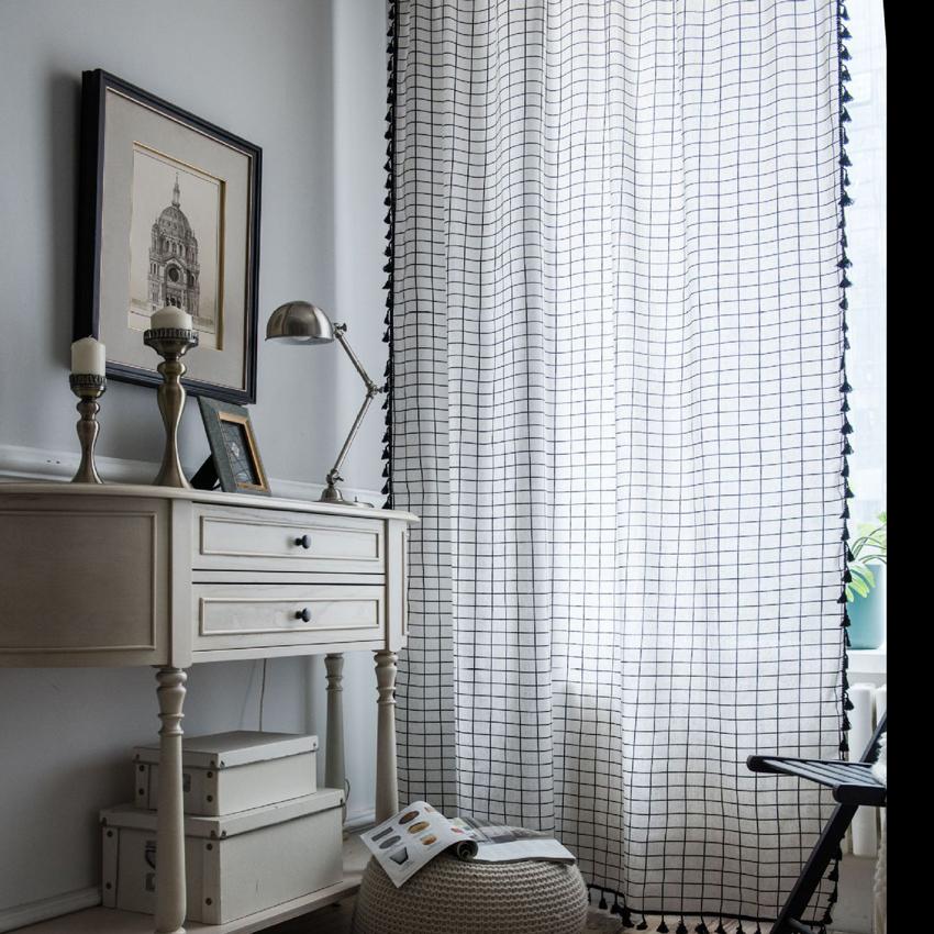 

Шторы из белого и черного хлопка с кисточками из высококачественного льна с затемнением, полузатеняющие, тканые, для эркера, для дома, гостиной, крючки 150x160cm&Grommets Top