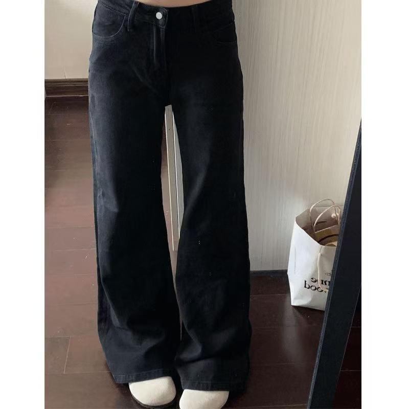 Women's American Style Low-Rise Black Micro-Flare Jeans - Loose, Slimming, Floor-Length Pants for Spring/Summer