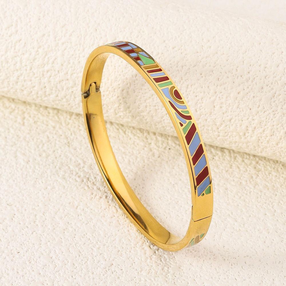 Chic Chinese Enamel Bracelet Gold Color Stainless Steel Ethnic Flower Bangle Vintage Classic Women's Hand Bracelet