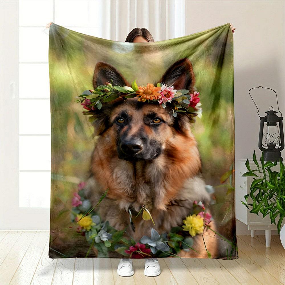 German Shepherd Floral Wreath Blanket bedroom Blanket for Livingroom Couch lunch break Soft throw for Friend's festival Gift