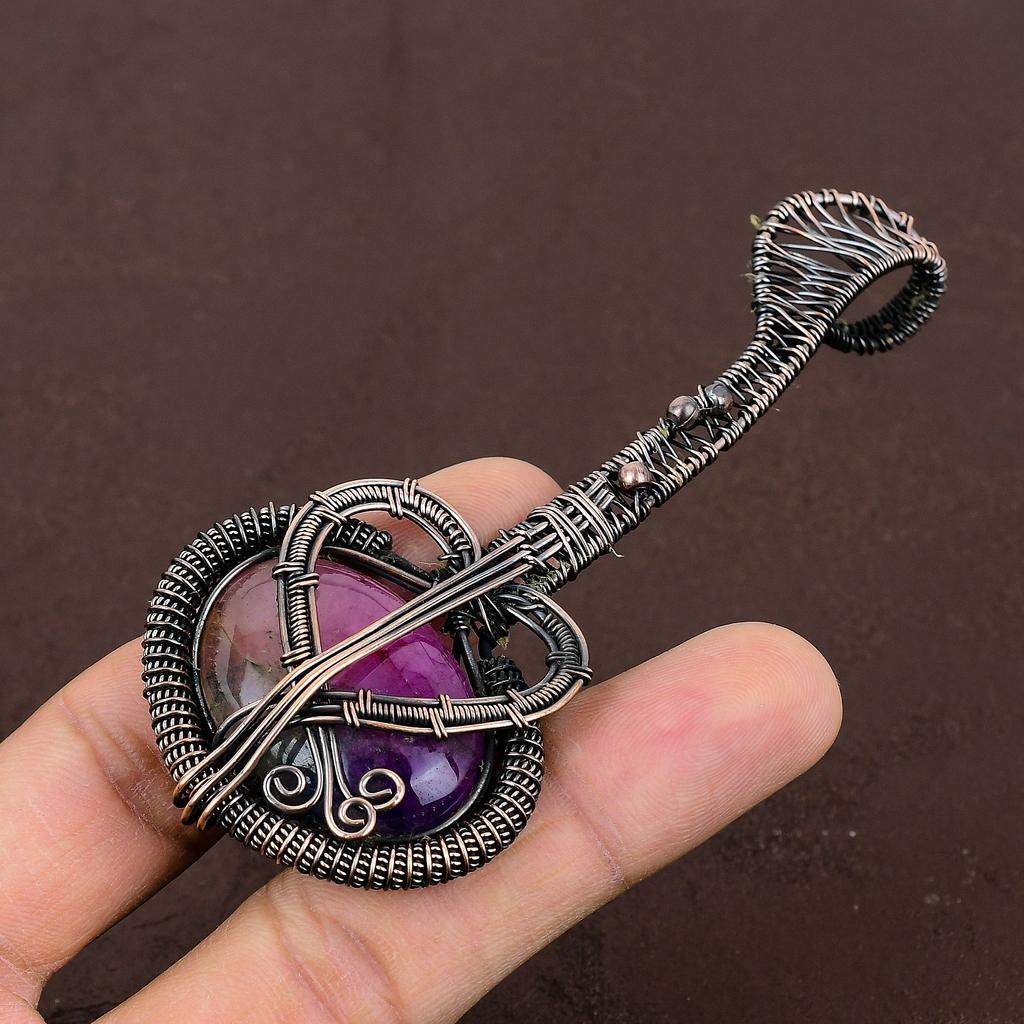 Rainbow Solar Quartz Handmade Copper Wire Wrap Guitar Pendant 3.1" e6I15