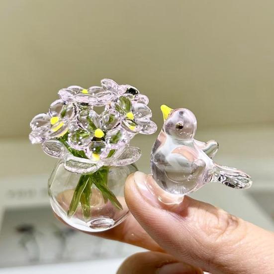 Niedliche Mini-Figur Blume aus Kunstkristall, mundgeblasenes Glas-Bouquet, Sammlerstück, kleines Blumenvasen-Ornament mit Biene/Vogel für Heim- und Büro-Tischdekoration