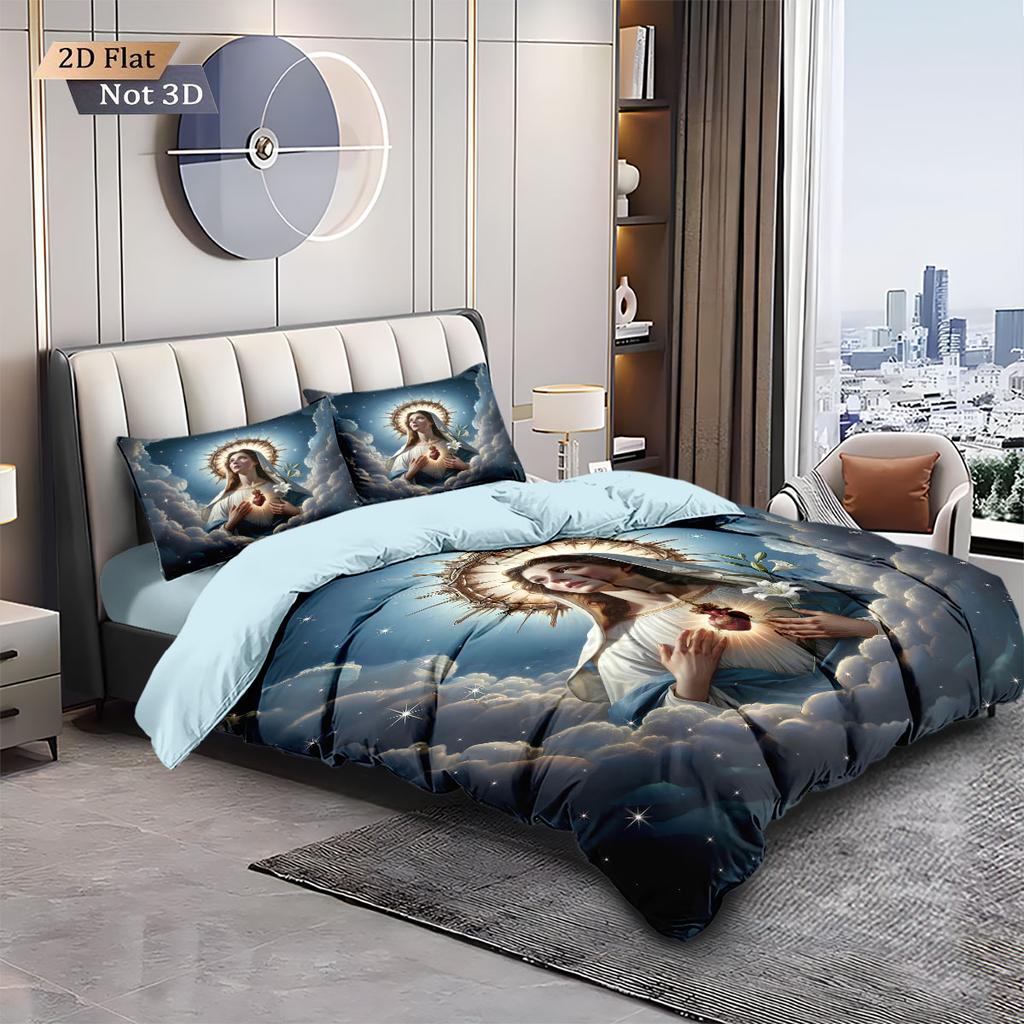 3pcs Holy Virgin Mary Printed Coreless Bedding Set Soft and Comfortable Dormitory Bedroom Multiple Sizes Machine Washable