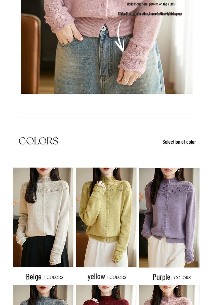 Pink Hollow Out Half-High Neck Cardigan Sweater - Women's Loose Fit Autumn/Winter Fashionable Outerwear
