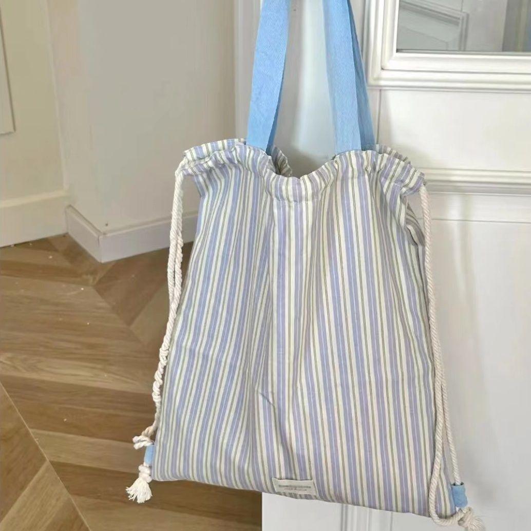 Contrasting striped cotton linen bag spring and summer small fresh large capacity canvas tote bag high-value backpack underarm bag