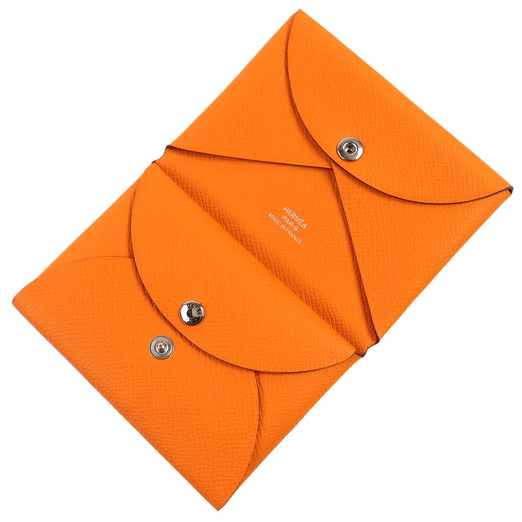Excellent HERMES Coin case Calvi duo Card Case Orange Epsom Leather Women Used