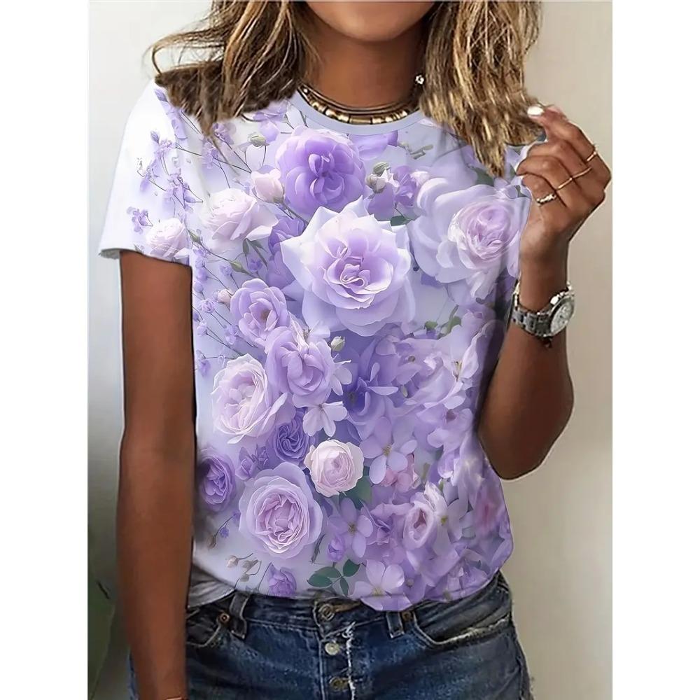 Women's Purple Flowers Print Summer Casual Round Neck Short Sleeve Top Outdoor Fashion Oversized
