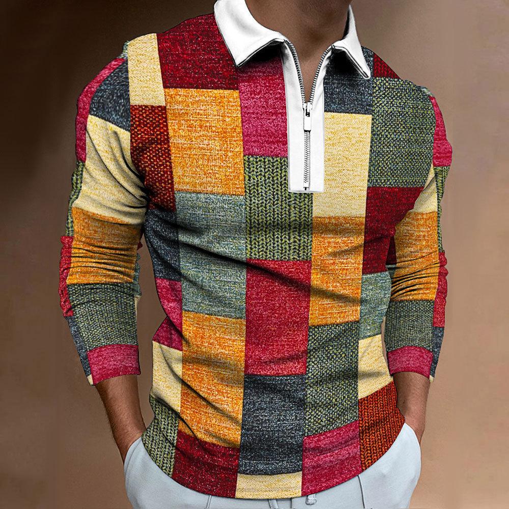 New Men's Zip Casual Men's Digital Printed Long Sleeve Polo Sweatshirt