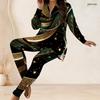 Women Plus Size Two Piece Pants Set Half Zip Long Sleeve Black Gold Printed Longline Top Fitted Pants