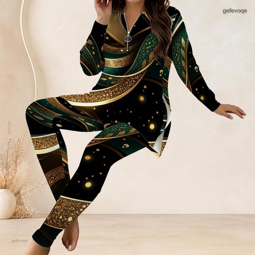 Women Plus Size Two Piece Pants Set Half Zip Long Sleeve Black Gold Printed Longline Top Fitted Pants