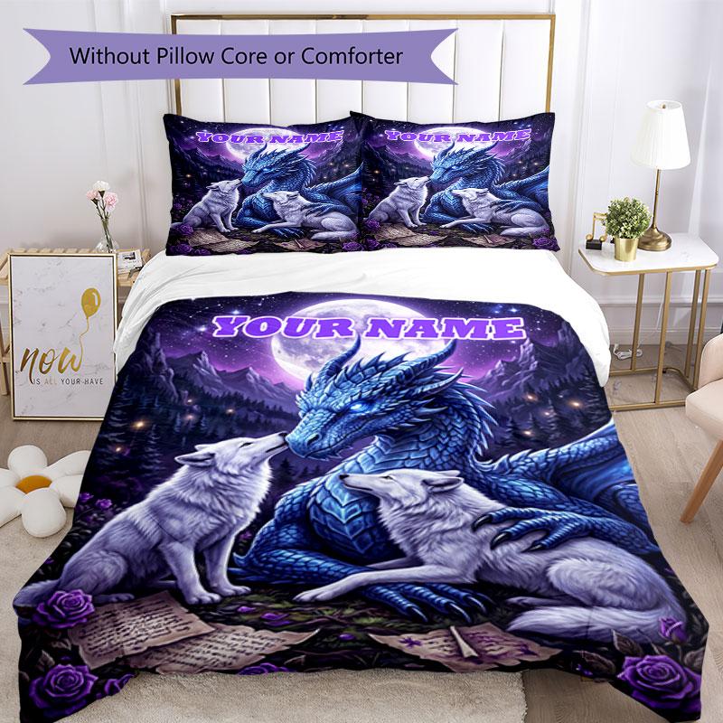 3PC Custom Name Dragon Wolves Moonlight Bedding Set Duvet Cover Closure Includes 1 Duvet Cover & 2 Pillowcases for Bedroom
