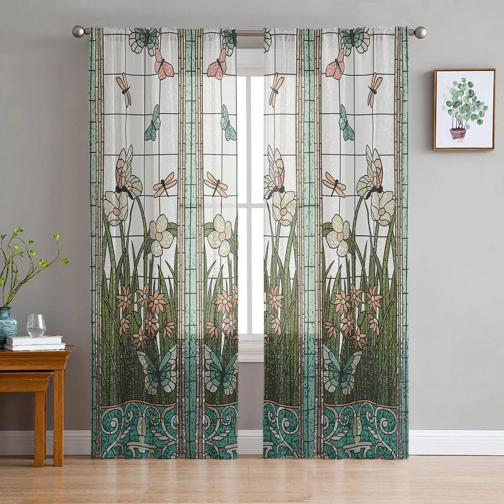 Dragonfly Flowers Curtain Living Room Voile Window Blinds Bedroom Tulle Drape Kitchen Cortinas Hall Curtains Light Filtering Polyester Ideal For Great