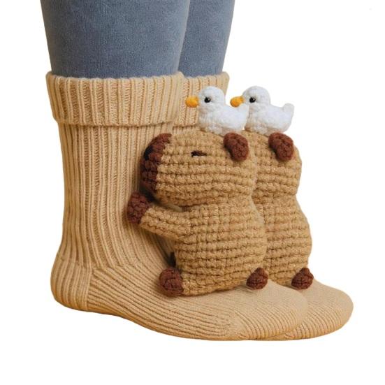 3D Animal Knitted Socks Warm Cute Crew Socks Hand Crocheted Animal Doll Floor Socks Holiday Birthday Gift for Women Girls