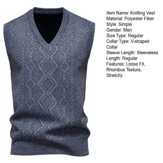 Men Knitting Vest V-Neck Sleeveless Rhombus Texture Sweater Vest Autumn Winter Solid Color Casual Vest Knitwear