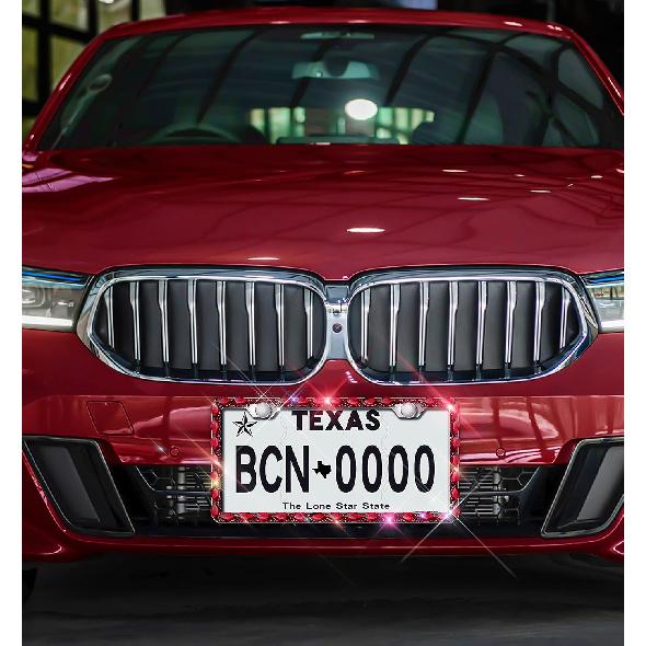 Red Bling License Plate Frame, Sparkly Stainless Steel License Plate Holder For Women, Set With 44 Gemstones, 400 14 Faceted Glass Diamond