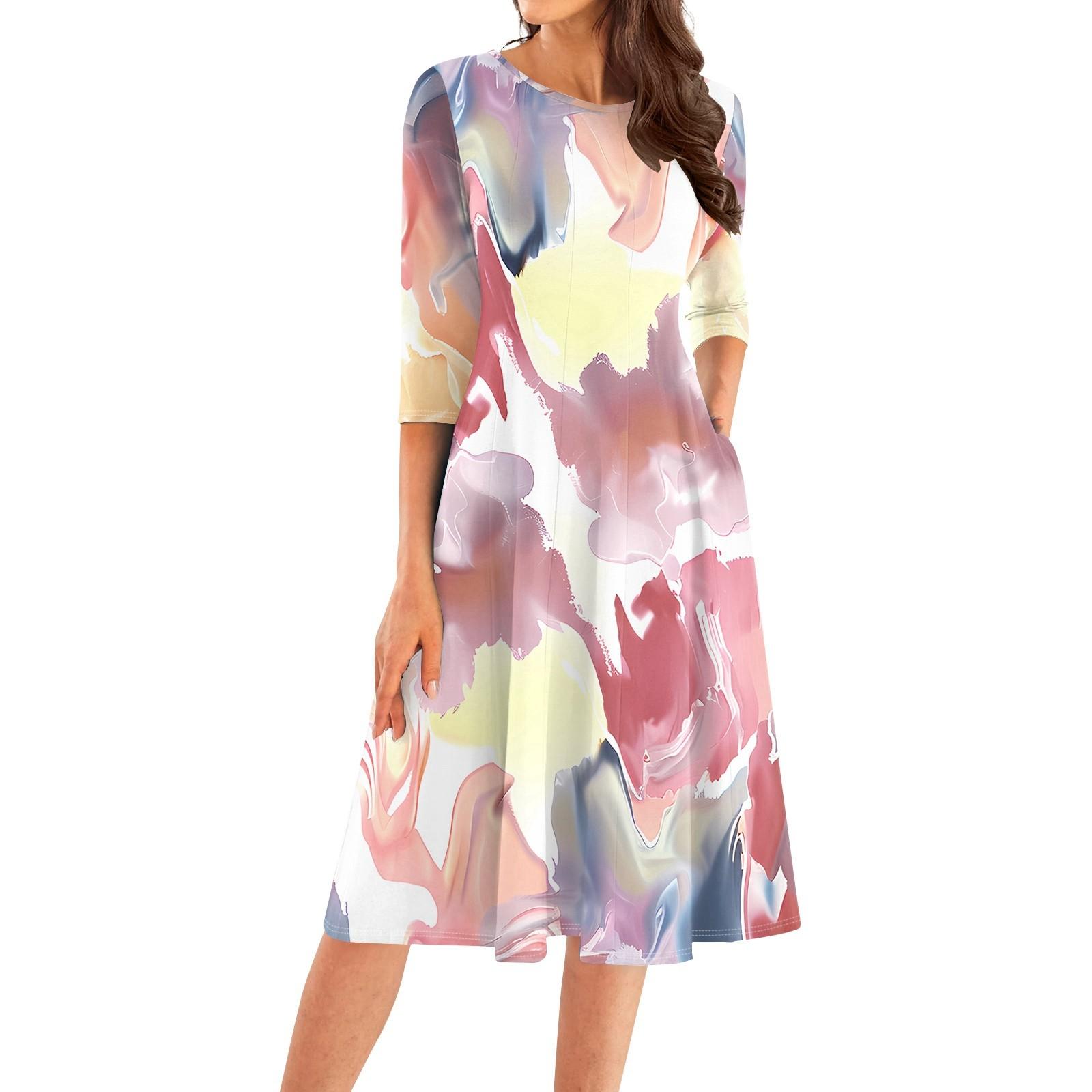 

Women s Casual Fashion Round Neck Three Quarter Sleeve Print Midi Dress XL кавун червоний колір