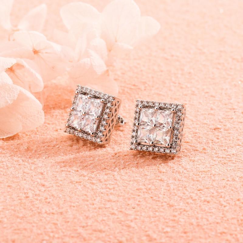Hip Hop Square Threaded Earrings Men Full Zircon Stud Gold Plated Copper Ear Jewelry