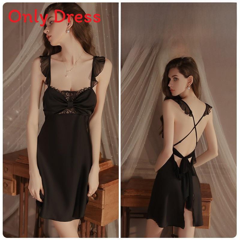 Women Satin Sleepwear Set With Lace Splicing And Bow Detail For Home And Hotel Use