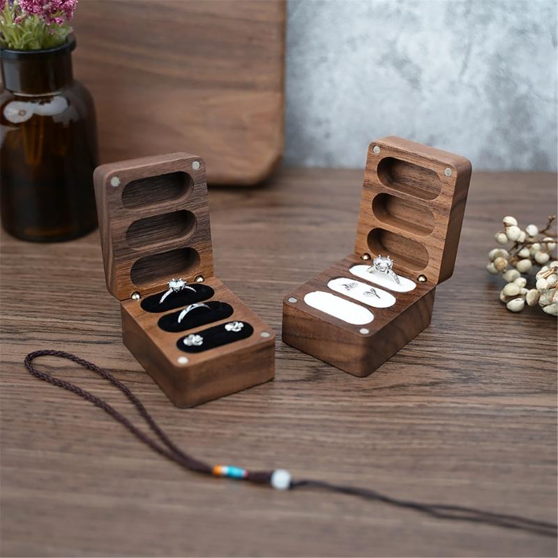 Rings Container Solid Walnut Wood Wedding Ring Storage Organizer Jewelry Box with Velvets Interior for Engagement