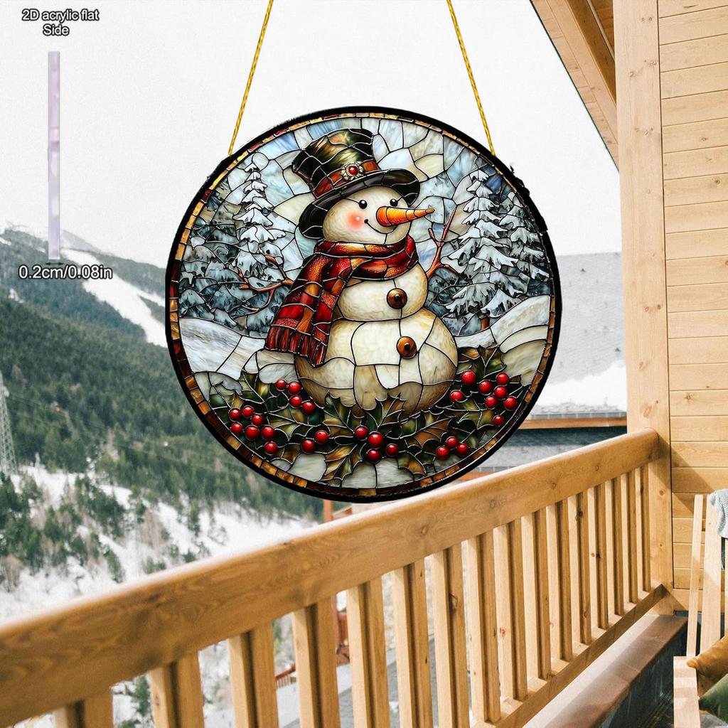 Snowman Sun Catcher, round Acrylic with Stained Glass Effect for Winter Decor, Perfect for Home, Kitchen, Bedroom, Garden, Bathroom, Garage