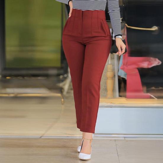 Damesbroek met hoge taille, slim fit, casual model met zakken, effen kleur, nauwsluitende pijpen, lange broek voor dagelijks gebruik.