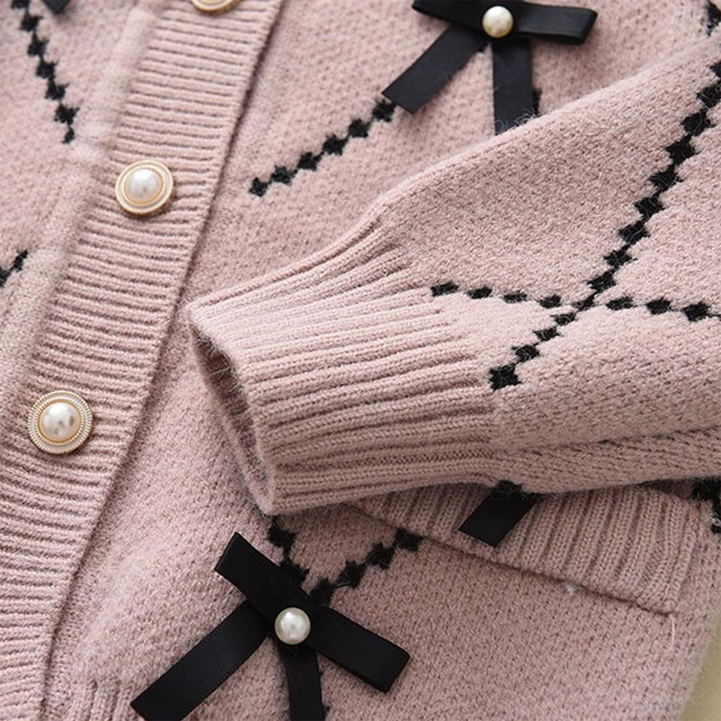 Girl's Bow Sweater Cardigan+Knitted Wide Leg Pants Two-piece Set