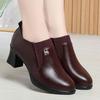 Soft leather mother thick heel leather shoes burgundy deep mouth single shoes 2025 autumn new fashion women's leather shoes middle-aged women's shoes