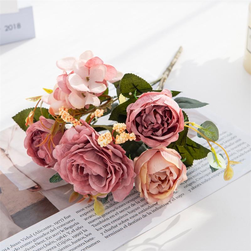 

European Style Artificial Hydrangea & Peony Flowers - 6-Head Retro Home Decor Simulation Arrangement