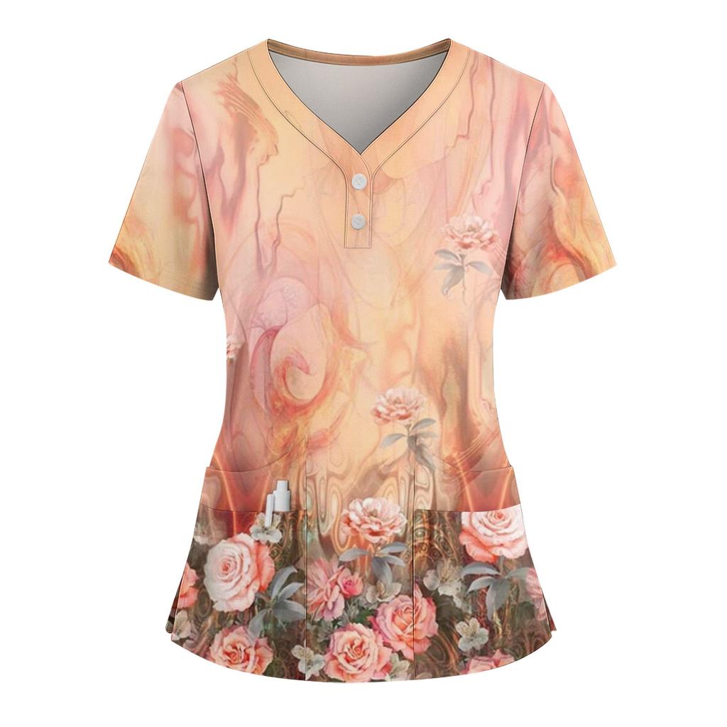 Dames Løs Kortarmet Mote Blomster- og Plante trykk V-hals Kneppbar Sideslisse Topp T-skjorte
