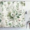 Green Shower Curtain, Vintage Farmhouse Themed Spring Feel Flowers And Leaves Urban Jungle Print, Cloth Fabric Bathroo
