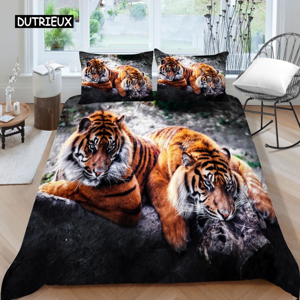 3D Bedding Set Black Duvet Quilt Cover Set Comforter Cover Pillowcase King Queen Size Animal Tiger Printed Polyester Quilt Cover