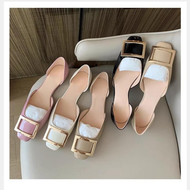 Fashion Elegant Brides Shoes Ladies Luxury Metal Buckle Flats Sandal Women Square Toe Ballerinas Leather Dress Slip on Office Mocasines