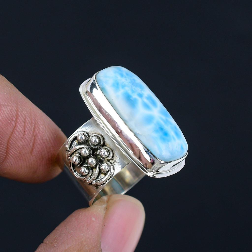 Natural Larimar Gemstone Ring 925 Sterling Silver Handmade Wide Band Huge Statement Rings For Women & Girls
