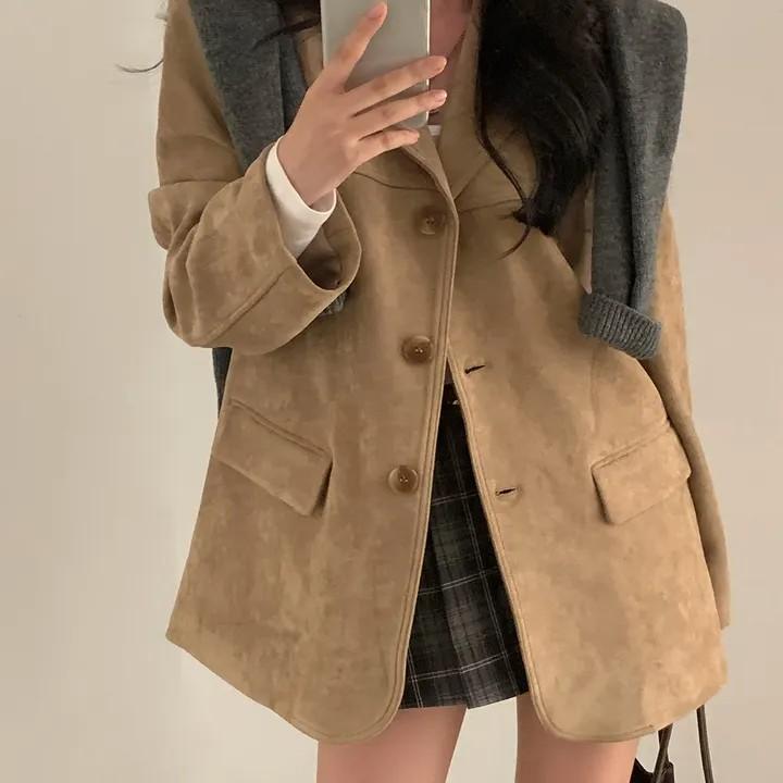 Vintage Korean Style Autumn Blazer Women Loose Fit Long Sleeve Coat with Double Pockets Elegant Office Wear