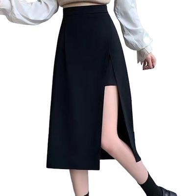 Women A-Line Hip Wrapped Skirt High Waist Side Split Hem Midi Skirt Plus Size Office Lady Long Skirt