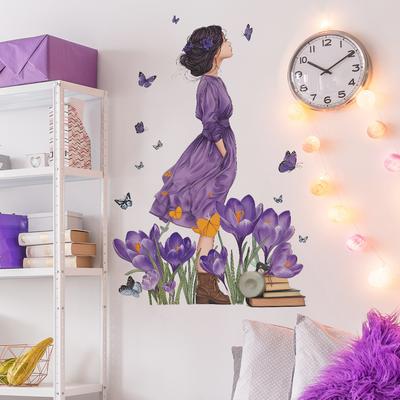 Lavendel Droommeisje met Paarse Bloemen en Vlinder Muursticker Creatief Elegant Zelfklevend Verwijderbaar Decor voor Meisjeskamer Slaapkamer Huis