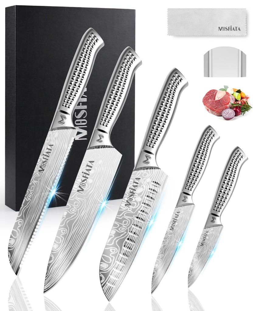 MOSFIATA Knife Set Kitchen Cutter Set with Stainless Steel Nakiri and Petty Knife Bread Santoku Paring Knife - 7-Piece High-Carbon Handles Chef's