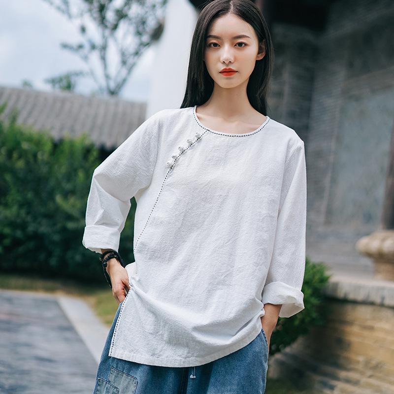 Spring 2026 Women's Artistic Retro Cotton Linen Long Sleeve Top with Handmade Frog Button