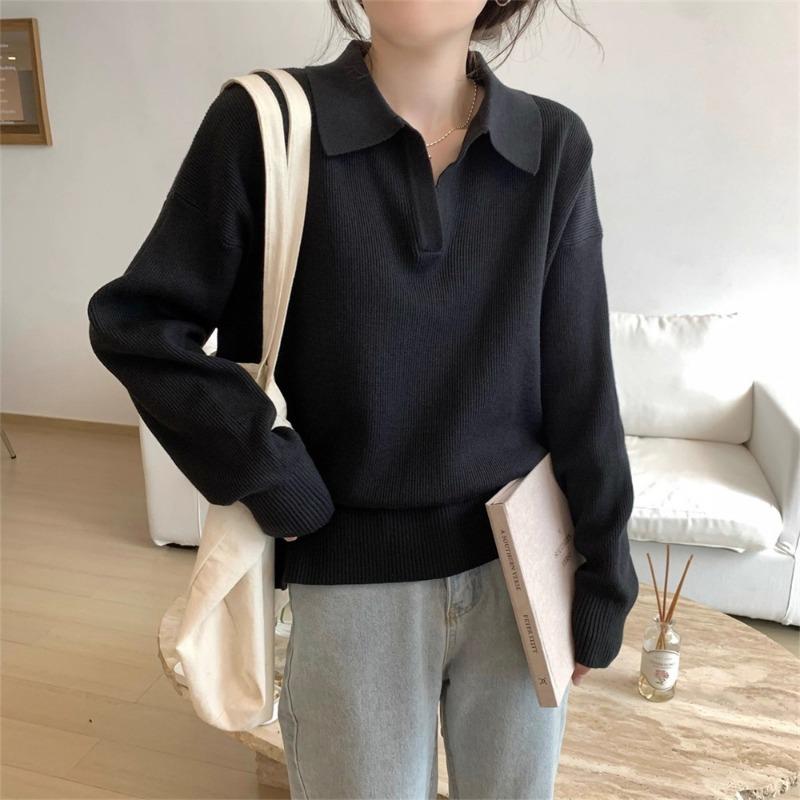 Simple polo neck sweater women's autumn and winter new lazy style casual temperament solid color lapel loose knitted sweater