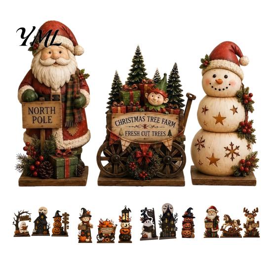 Cute Pumpkin Witch Hat 3Pcs Halloween Wooden Decorations, Fall Tabletop Ornaments with Ghost Black Cat Indoor Desktop Elements, Retro Wood Figurines